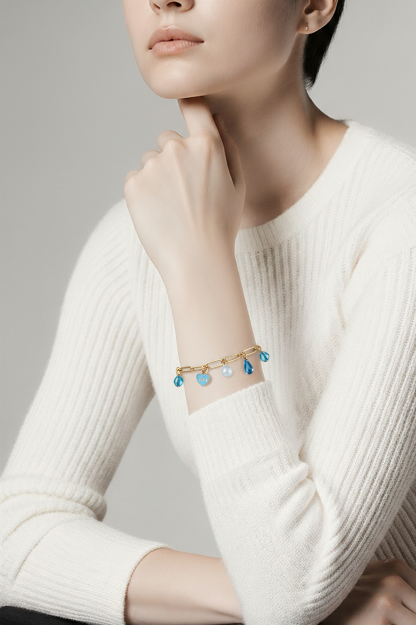 Bracelet bleu breloques - Verre acier inoxydable