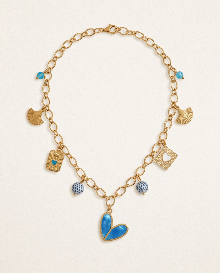 Collier Jana - Breloques Bleu, Verre Émail & Acier Inoxydable 40cm