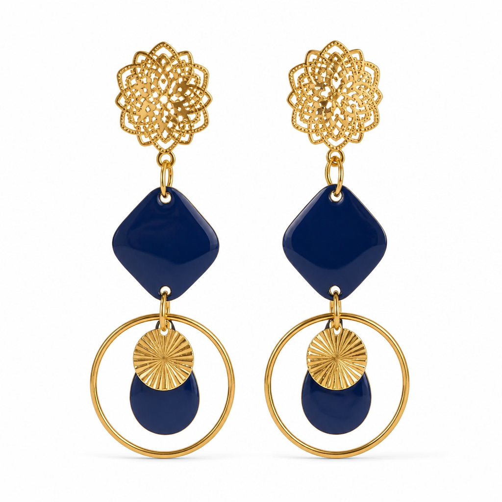 Boucles d'oreilles Bleu Marine & Or – Acier Inoxydable | Fait Main France