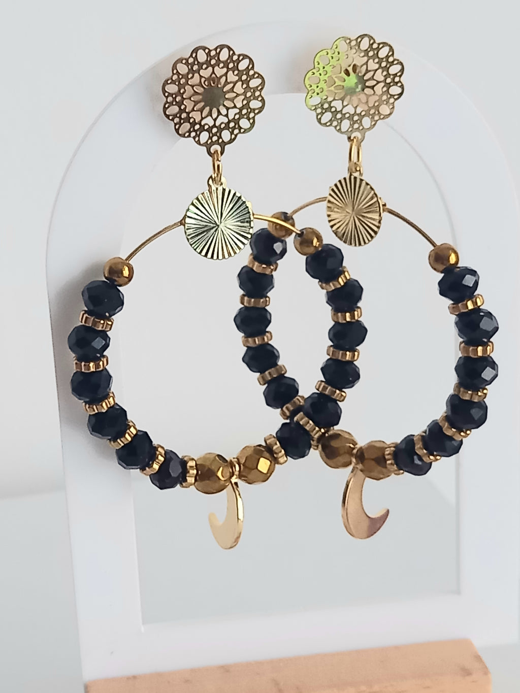 Boucles d'oreilles Acier inoxydable verre hématite 40mm