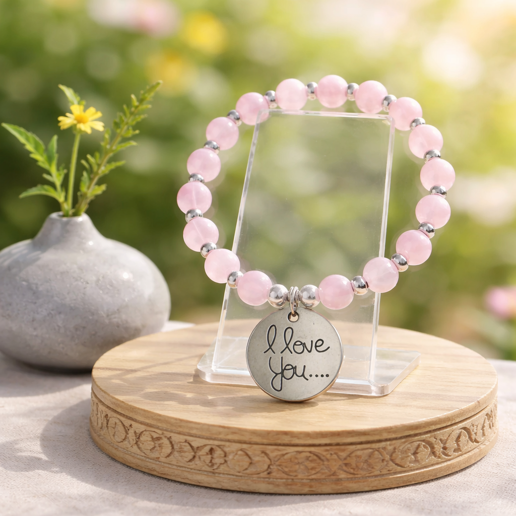 Bracelet lithothérapie Love quartz rose - Élastique acier inoxydable 15cm