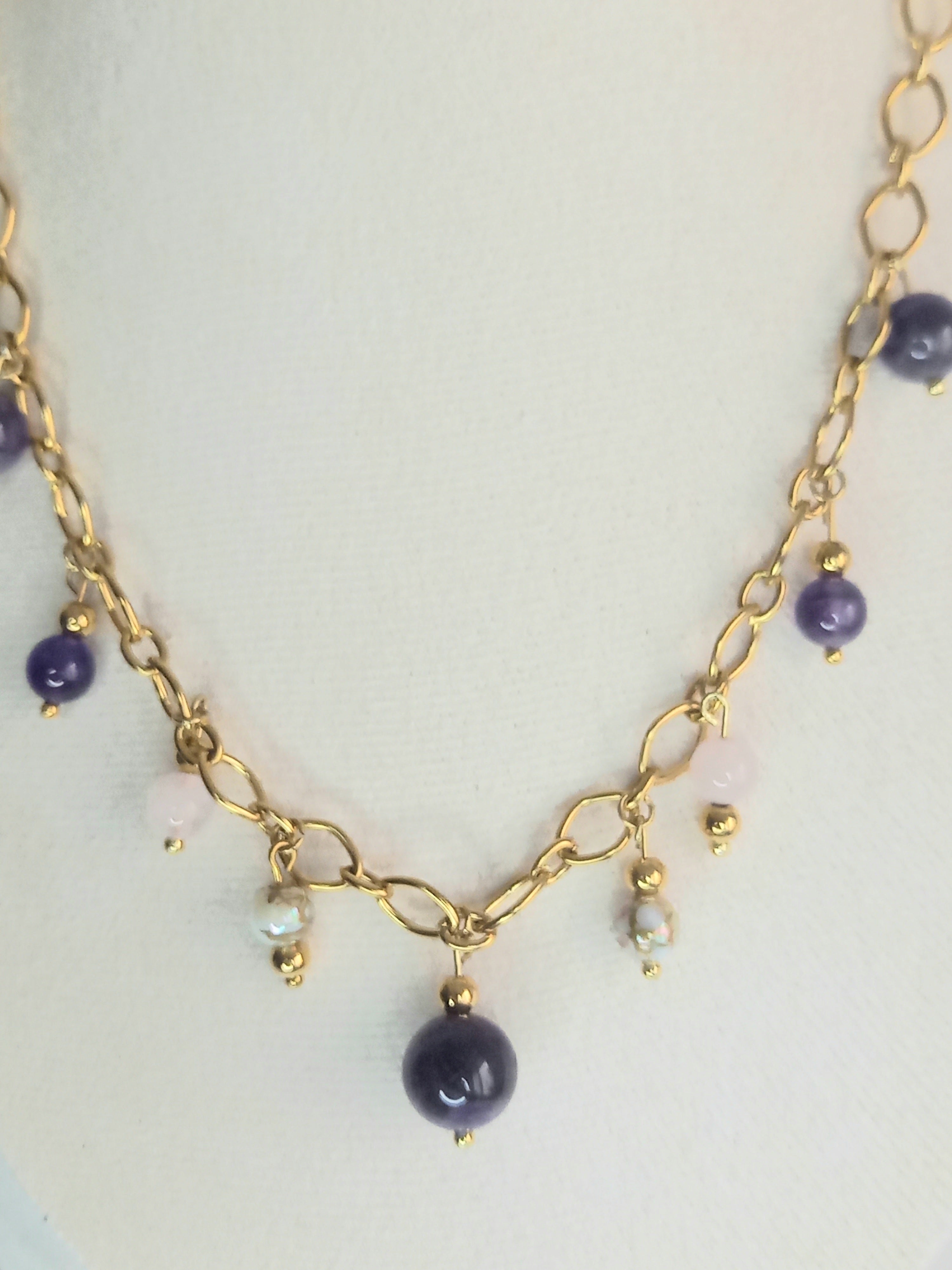 Collier Améthyste & Quartz Rose - Pierres Naturelles Acier Inoxydable  violetta 40cm