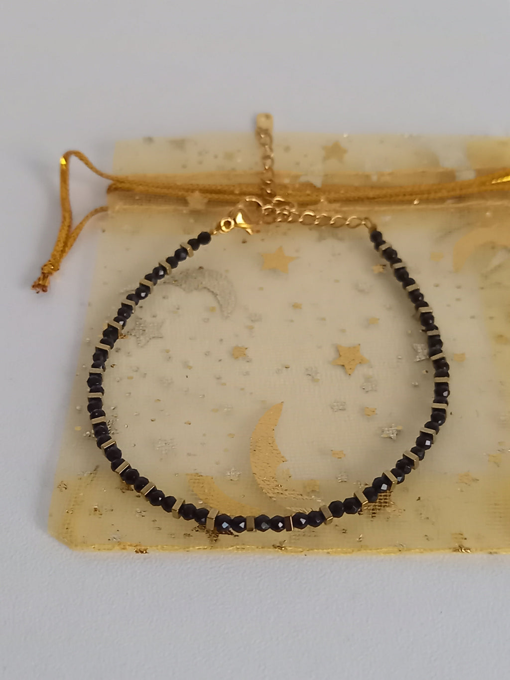 Bracelet agate noire placage ionique - Perles 3mm acier inoxydable nina