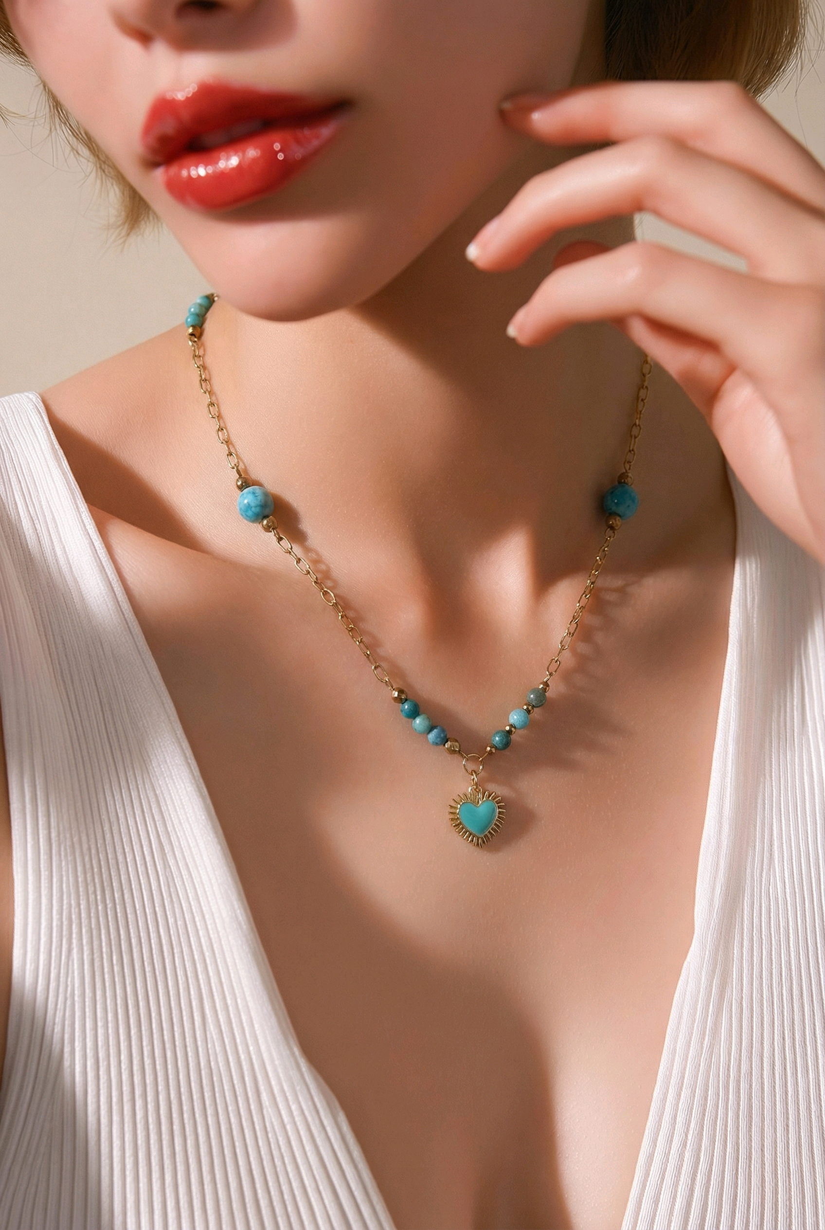 Collier lithotherapie pierre naturelle apatite , acier inoxydable Aline