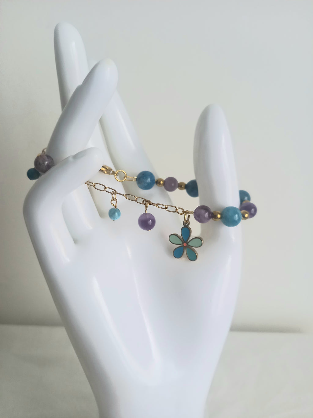 Bracelet améthyste apatite fleur - Pierres naturelles acier inoxydable