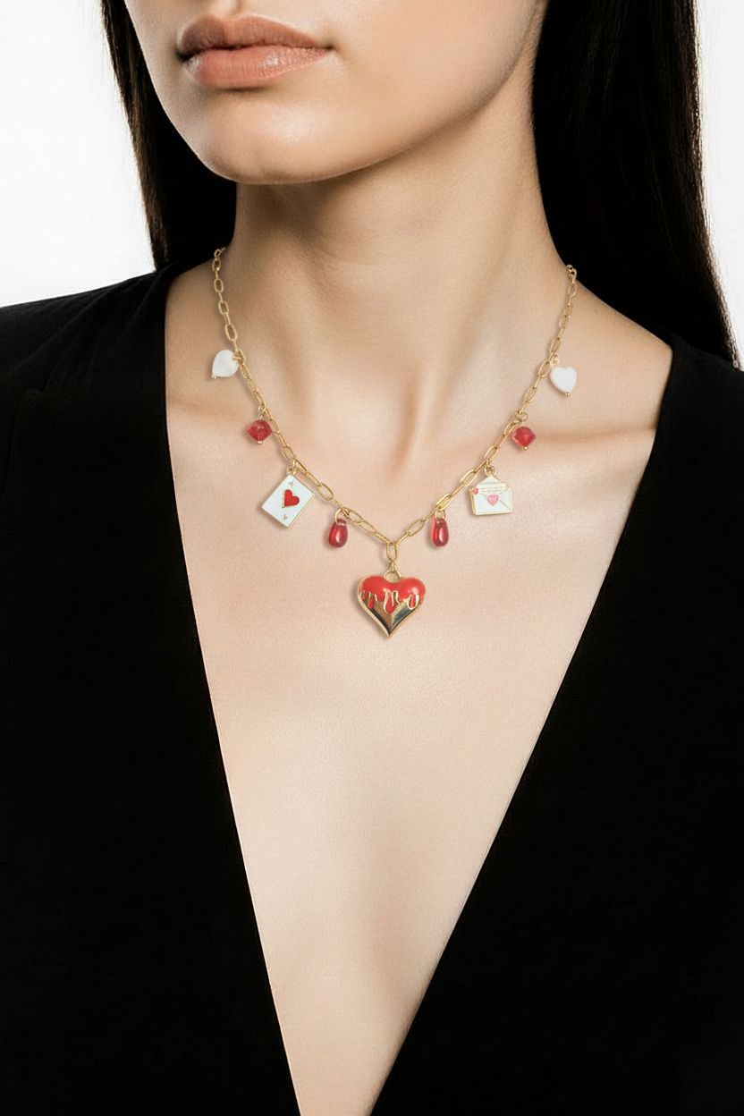 Collier rouge passion - Breloques acier inoxydable émail nacre 40cm