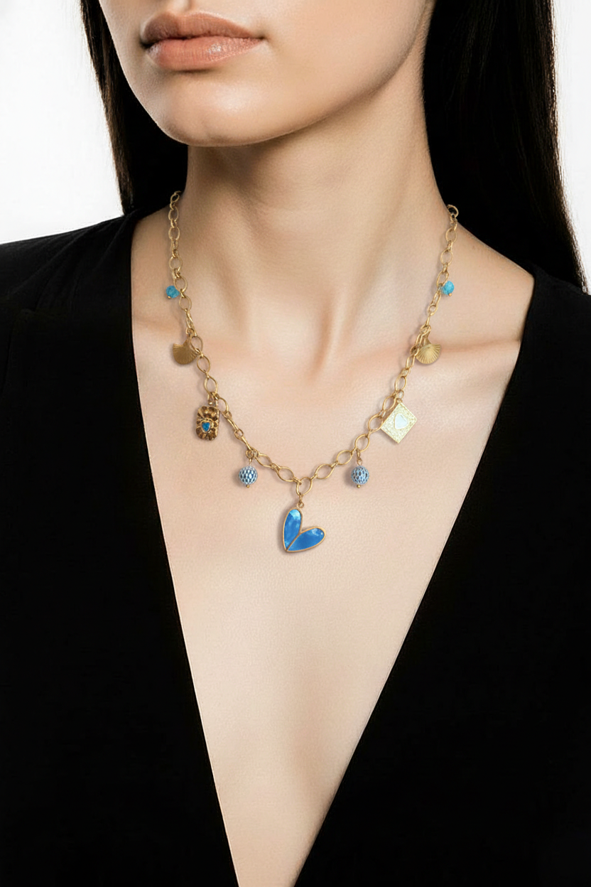 Collier Jana Tendance Bleu - Breloques Verre Émail Acier Inoxydable 40cm