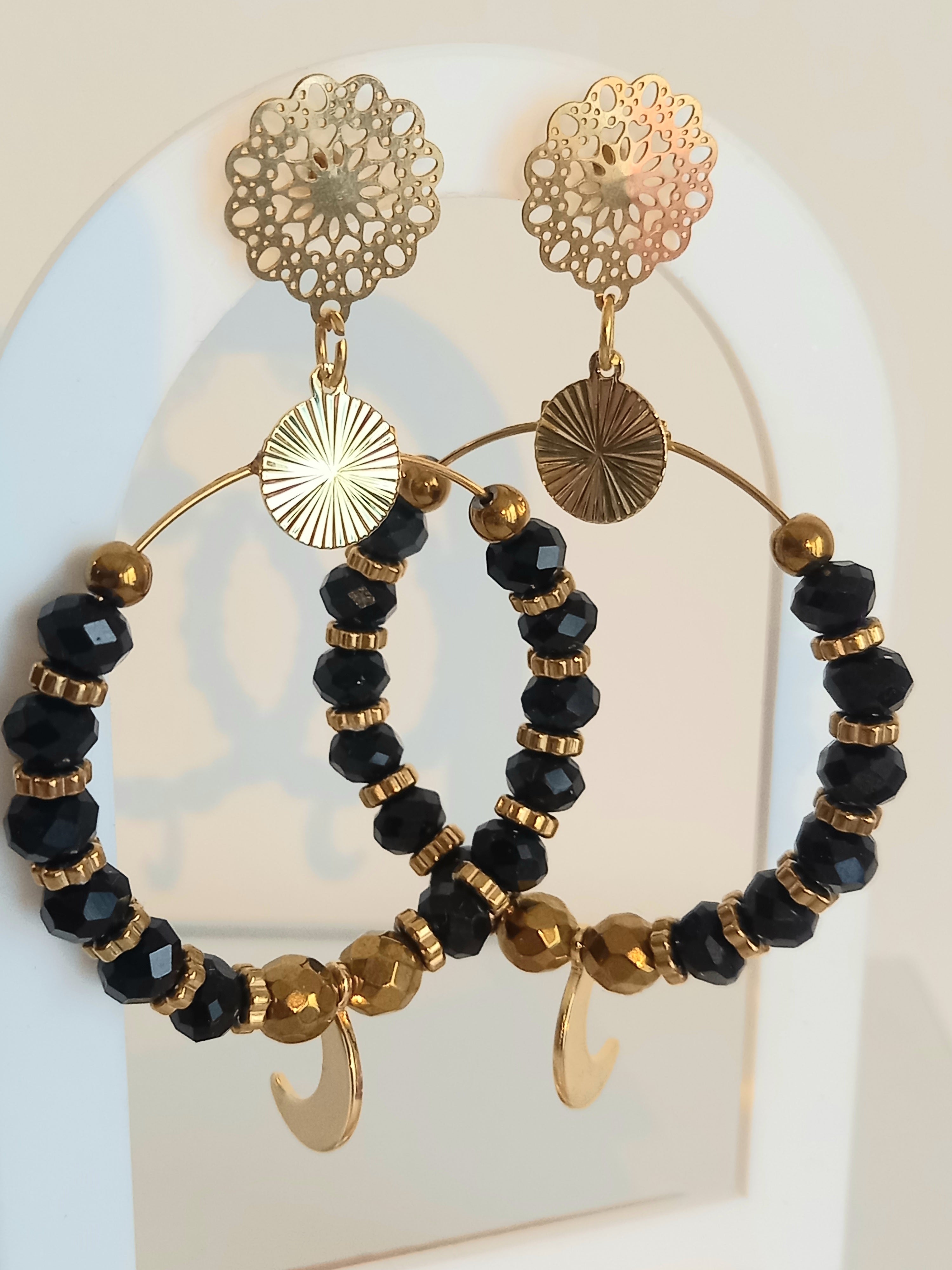 Boucles d'oreilles Acier inoxydable verre hématite 40mm