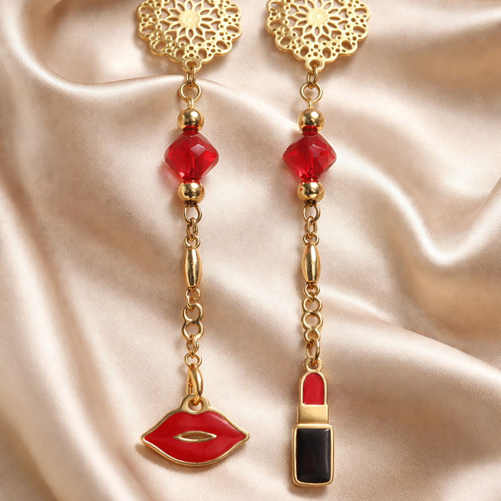 Boucles d'oreilles rouge et or - Plaqué or perles verre émail