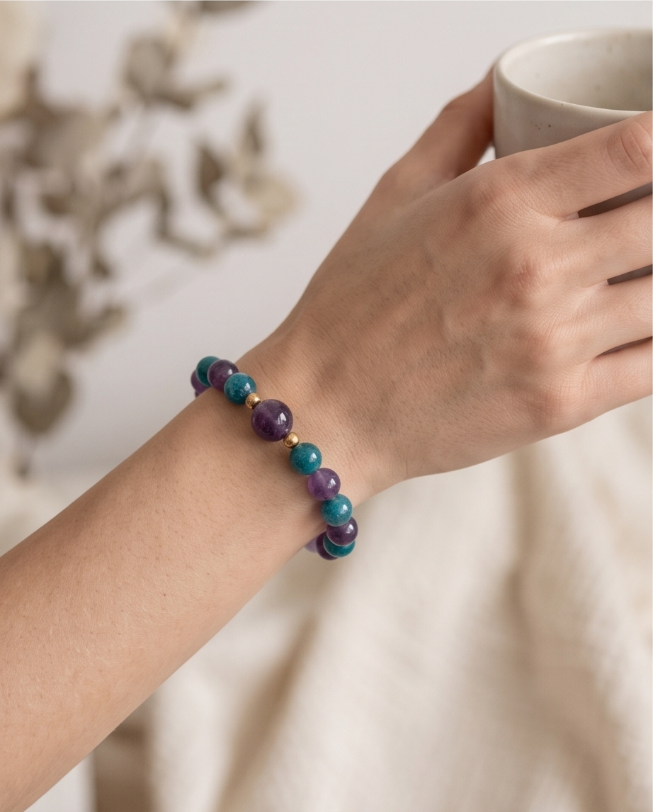 Bracelet Lithothérapie Améthyste & Apatite — Acier Inoxydable | Fait Main France