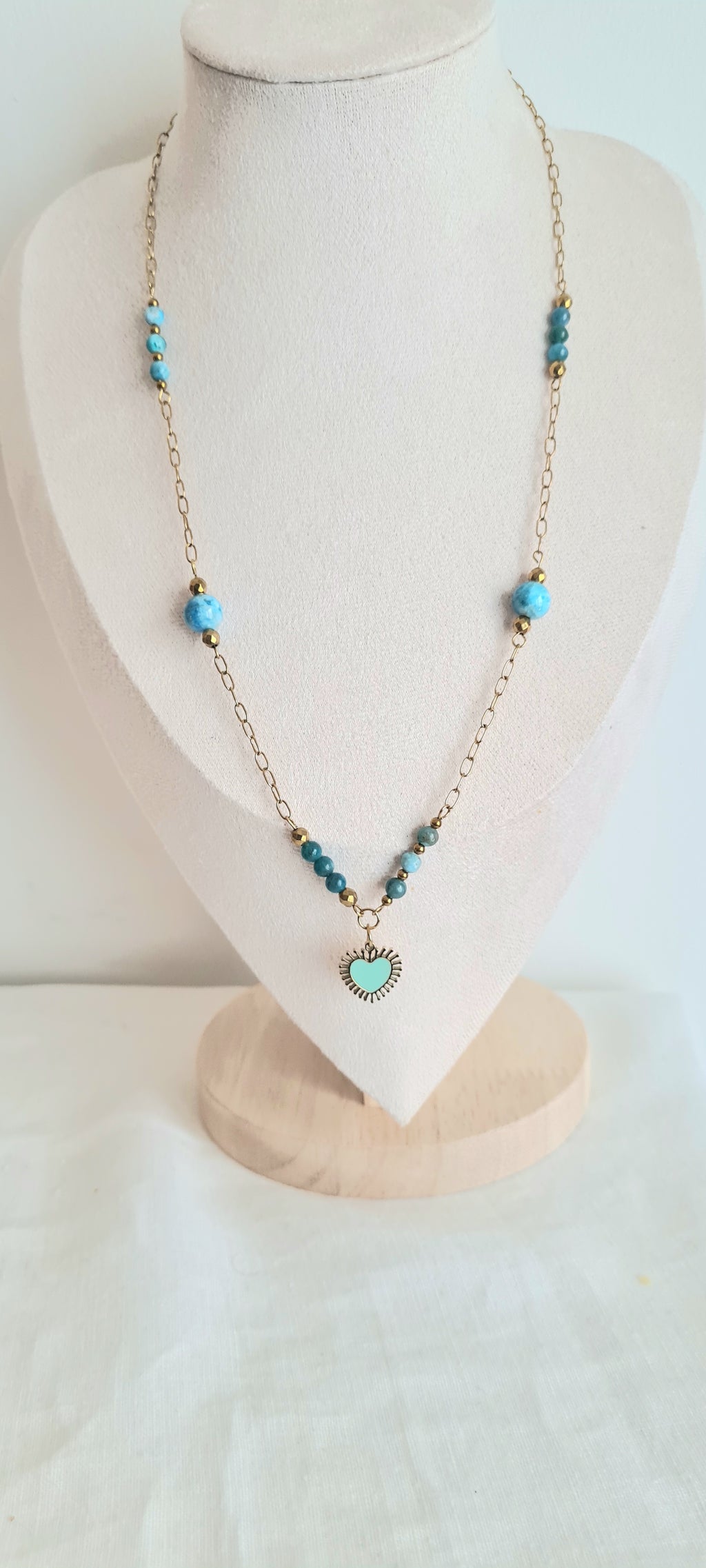 Collier lithotherapie pierre naturelle apatite , acier inoxydable Aline