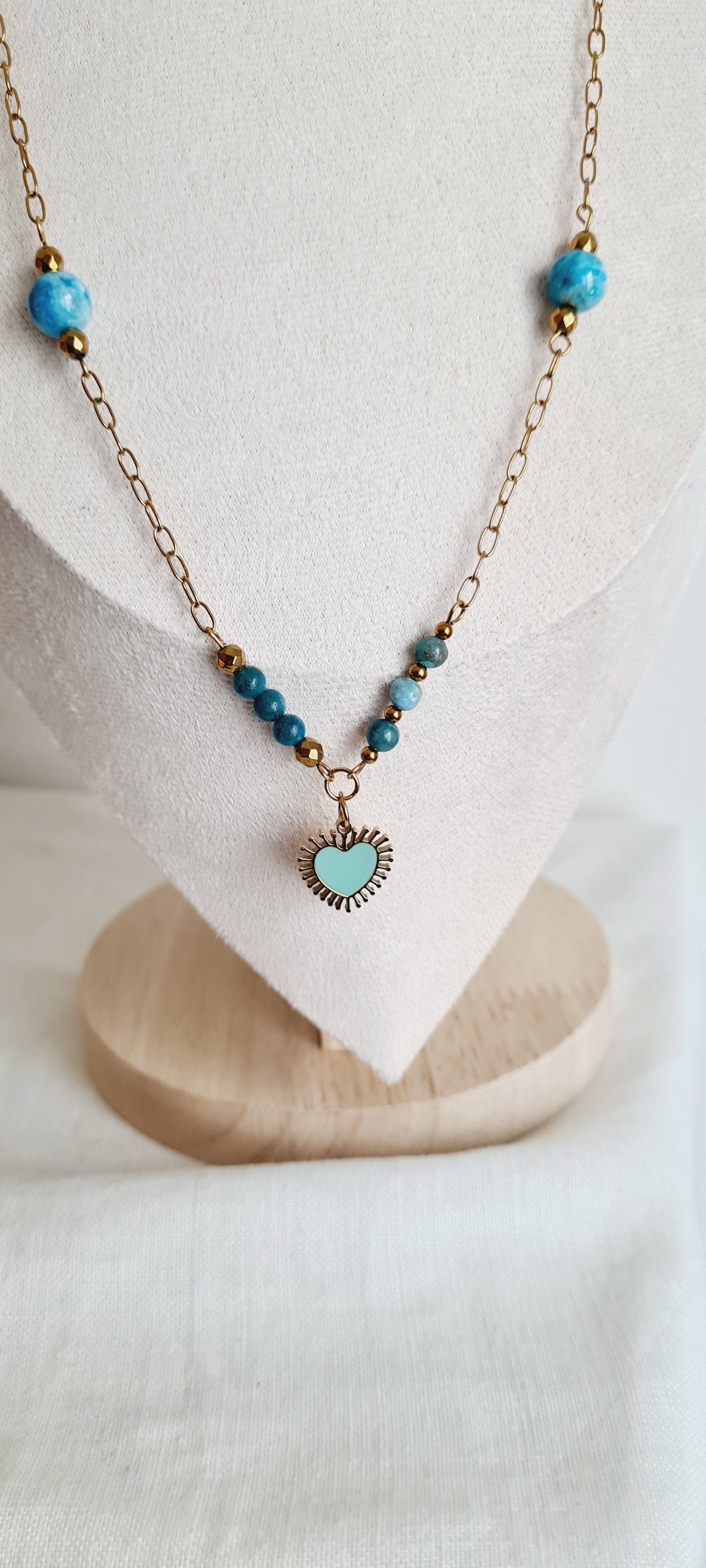 Collier lithotherapie pierre naturelle apatite , acier inoxydable Aline