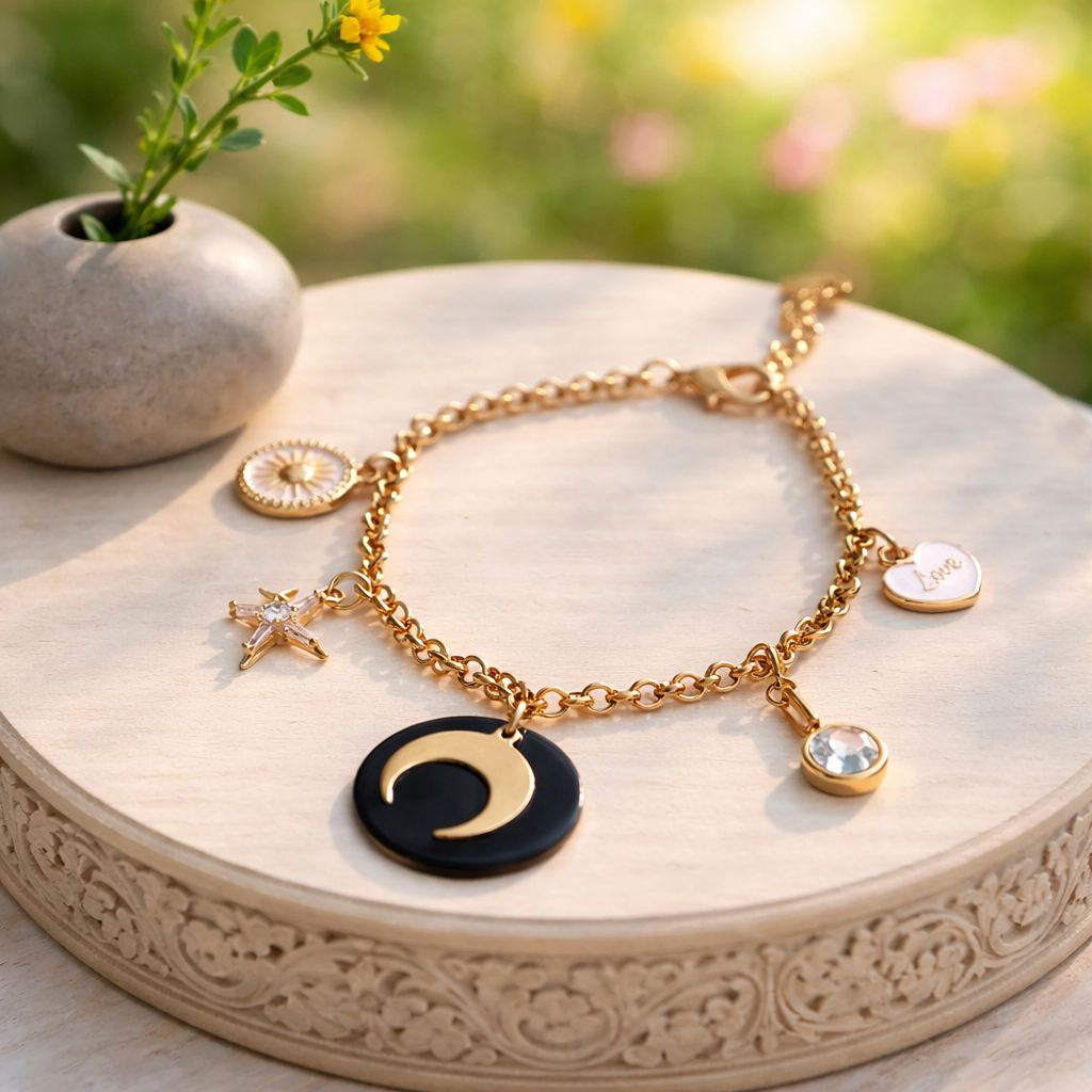 Bracelet Luna breloques - Chaîne acier inoxydable émail 16cm