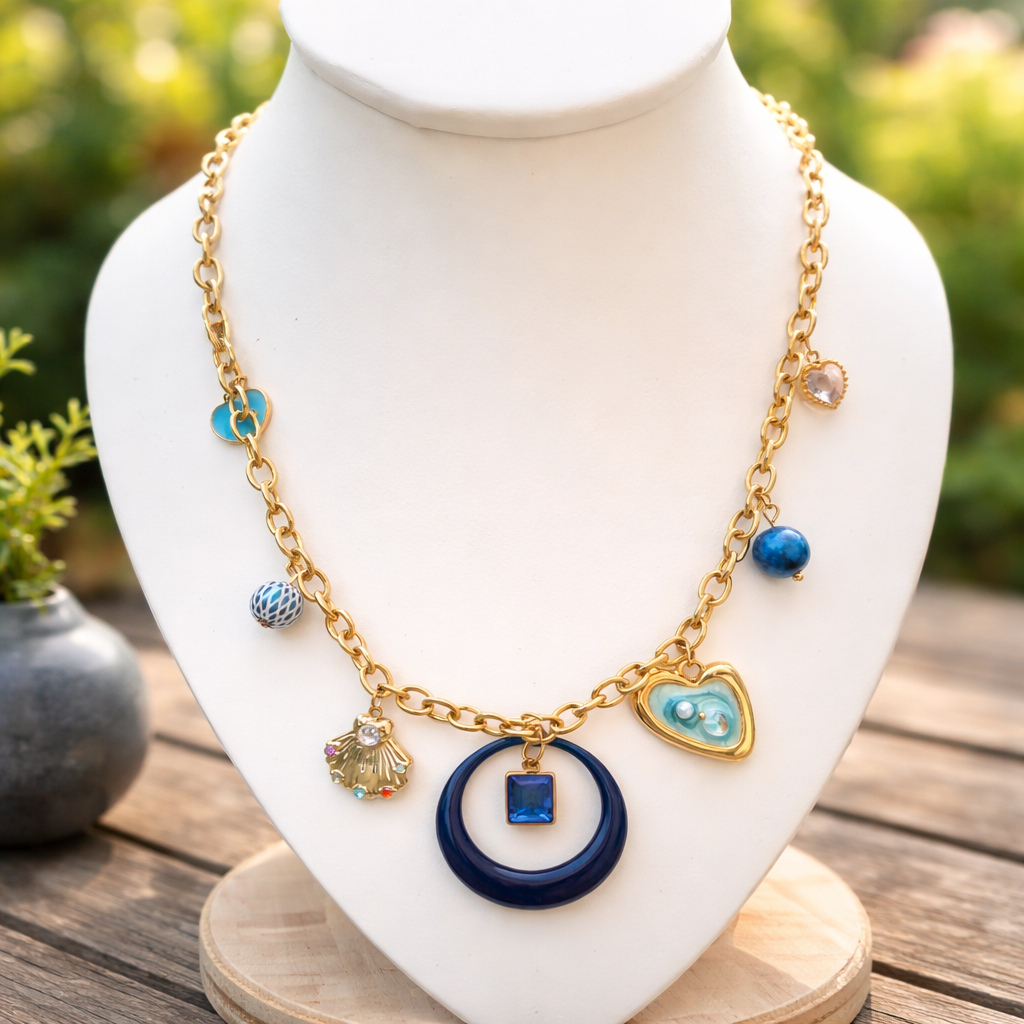 Collier Marina Bleu & Or - Breloques Verre Marbre Femme Bohème