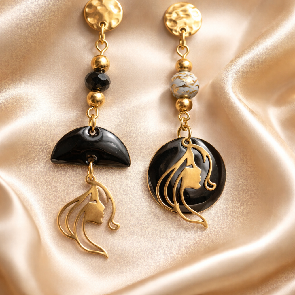 Boucles d'oreilles noir et doré - Breloques acier inoxydable émail