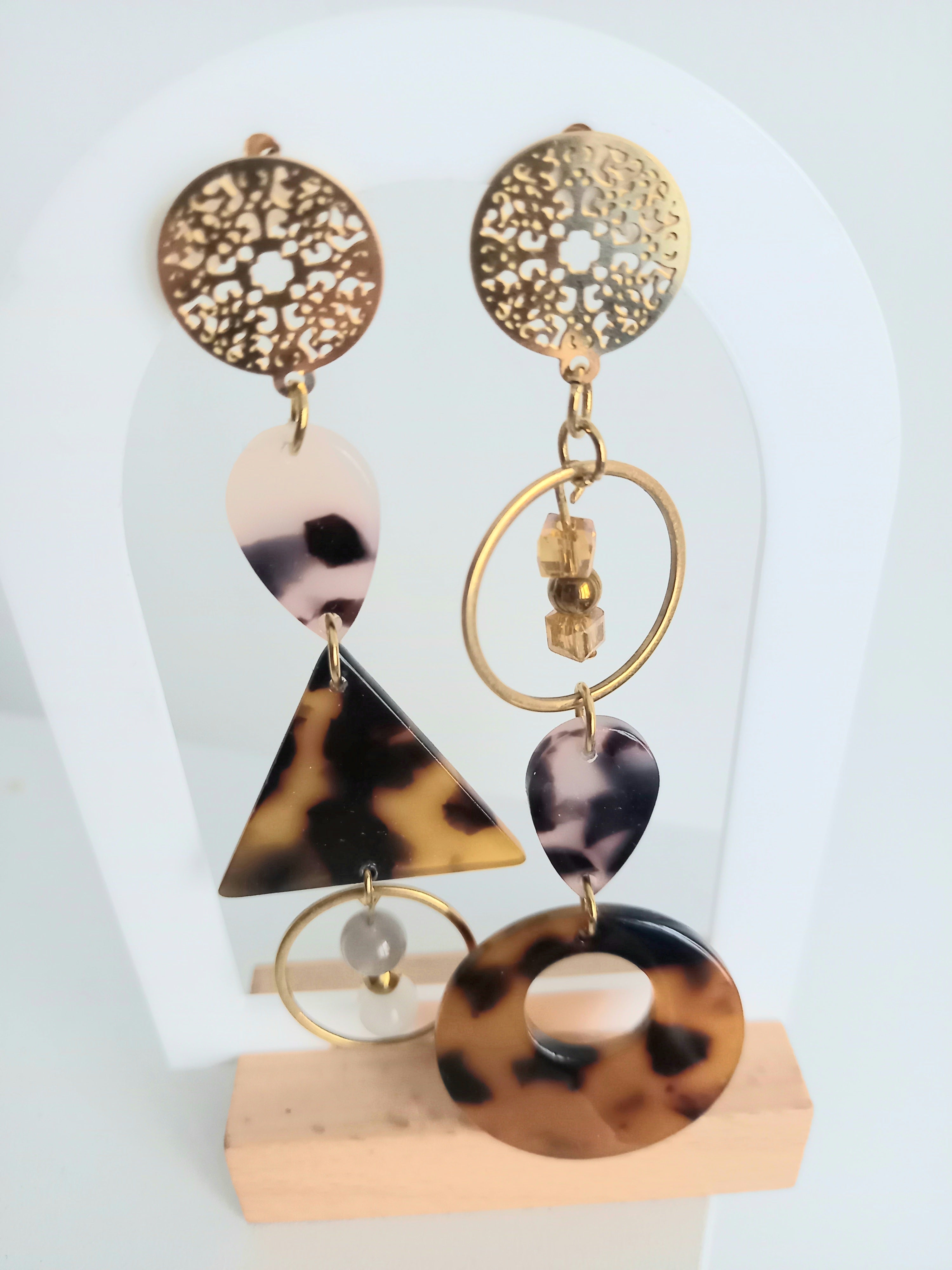 Boucles d'Oreilles Automne Longues - Acier Inoxydable Acétate Verre 9cm