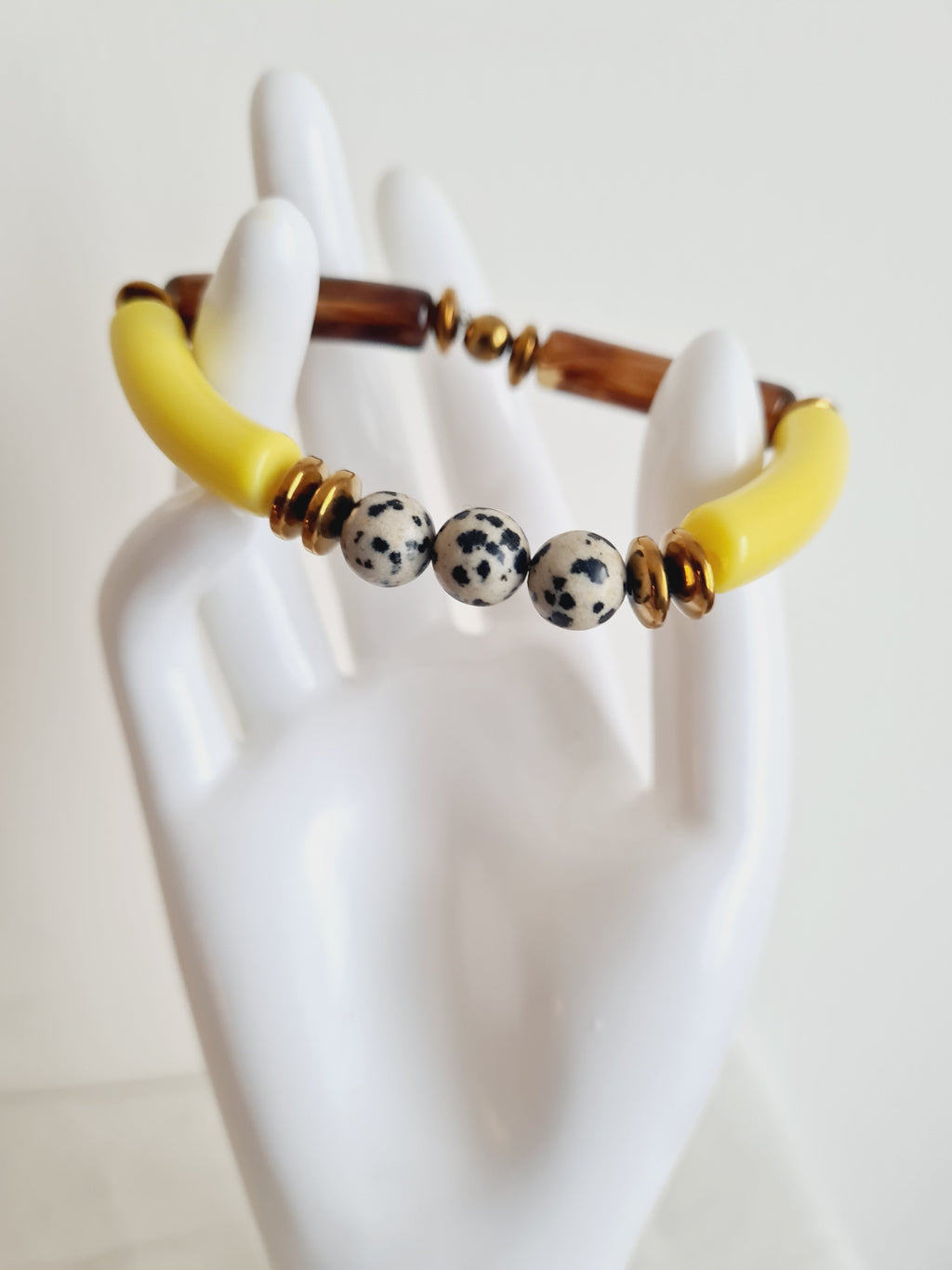 Bracelet jaspe dalmatien acétate - Perles acier inoxydable
