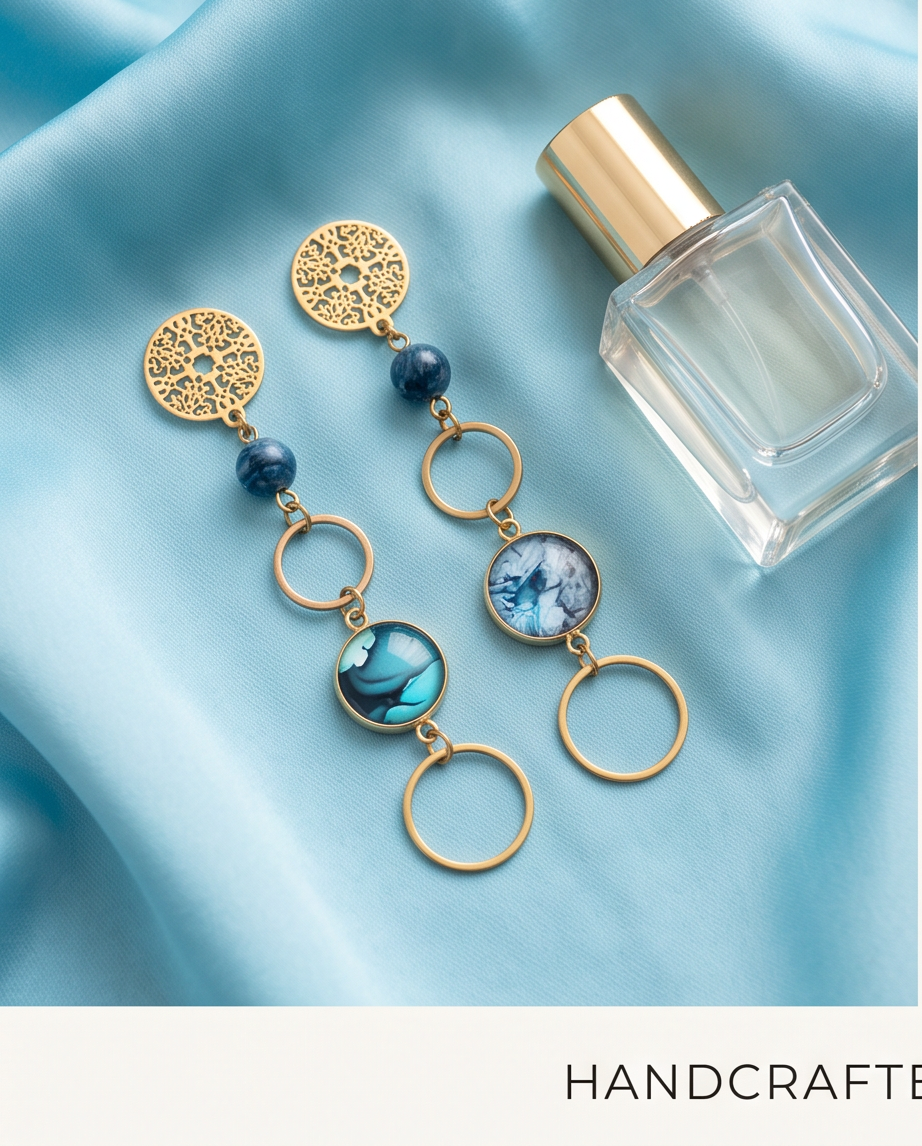 Boucles d'oreilles bleu et or apatite - Cabochon acier inoxydable