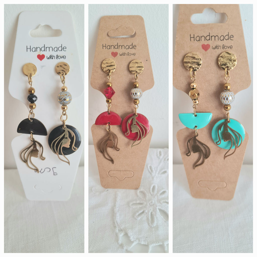 Boucles d'oreilles noir, rouge , bleu et doré - Breloques acier inoxydable émail