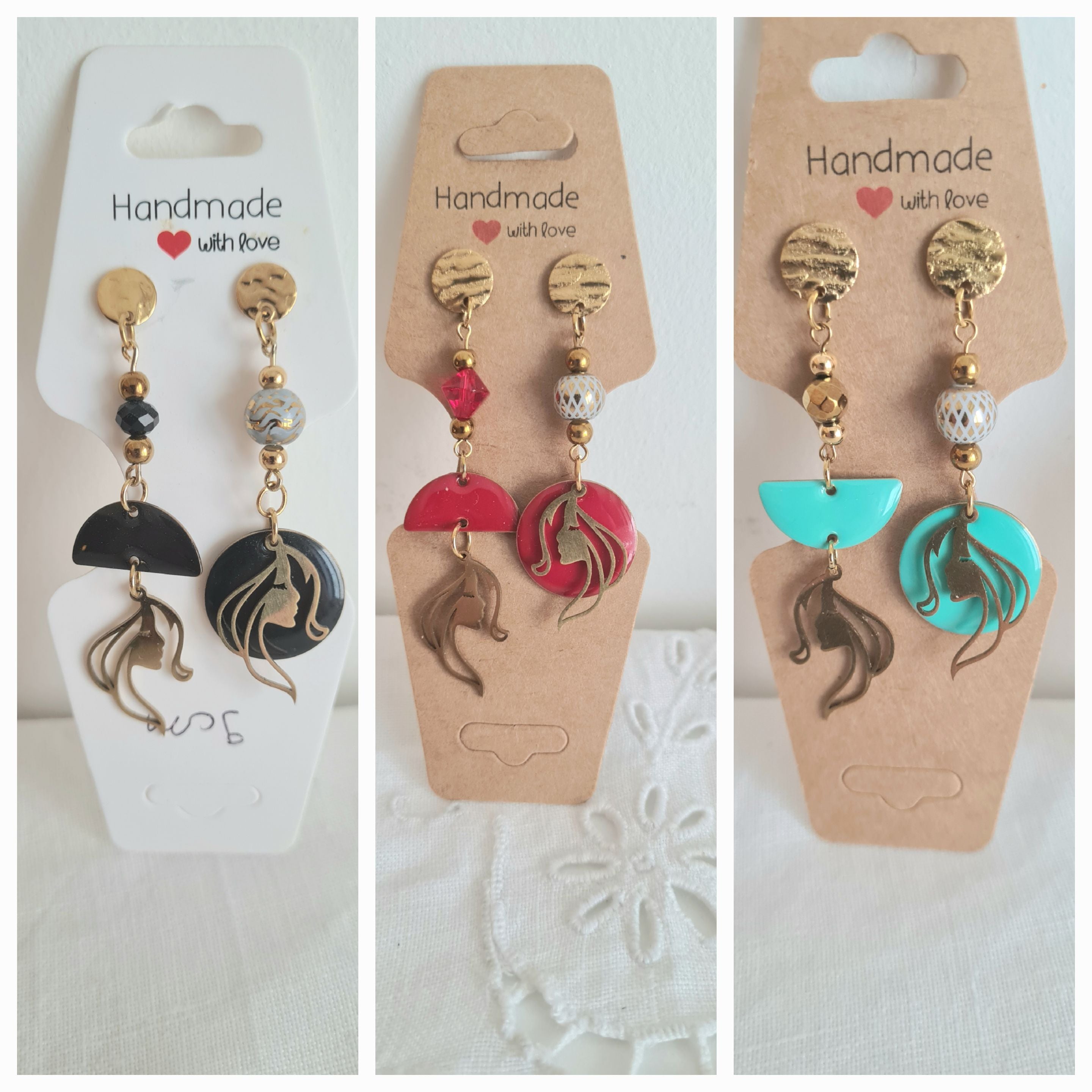 Boucles d'oreilles noir, rouge , bleu et doré - Breloques acier inoxydable émail