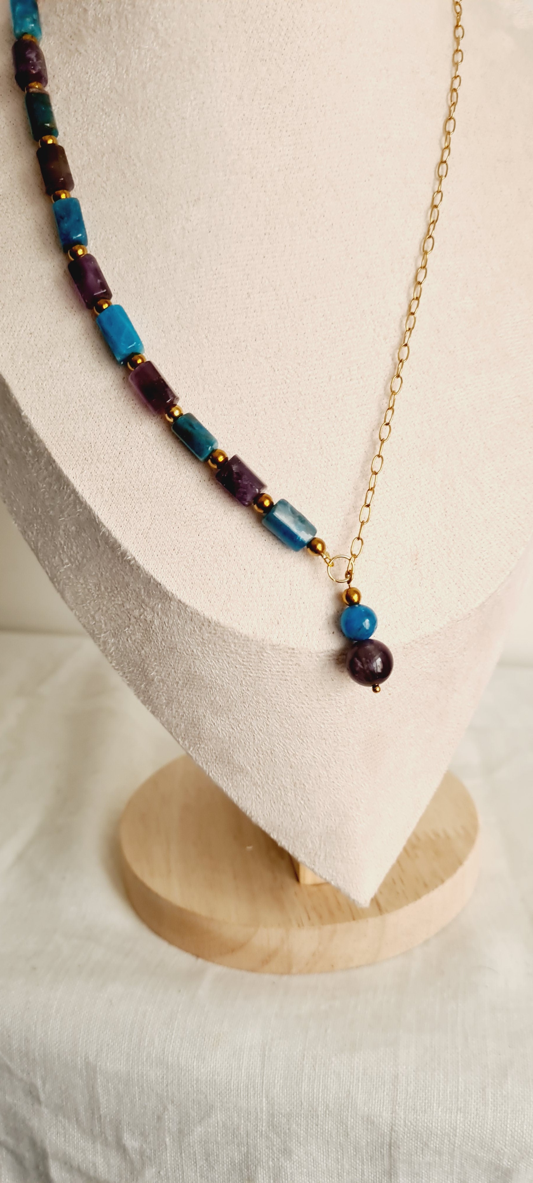 Collier lithotherapie améthyste apatite acier inoxydable lisa