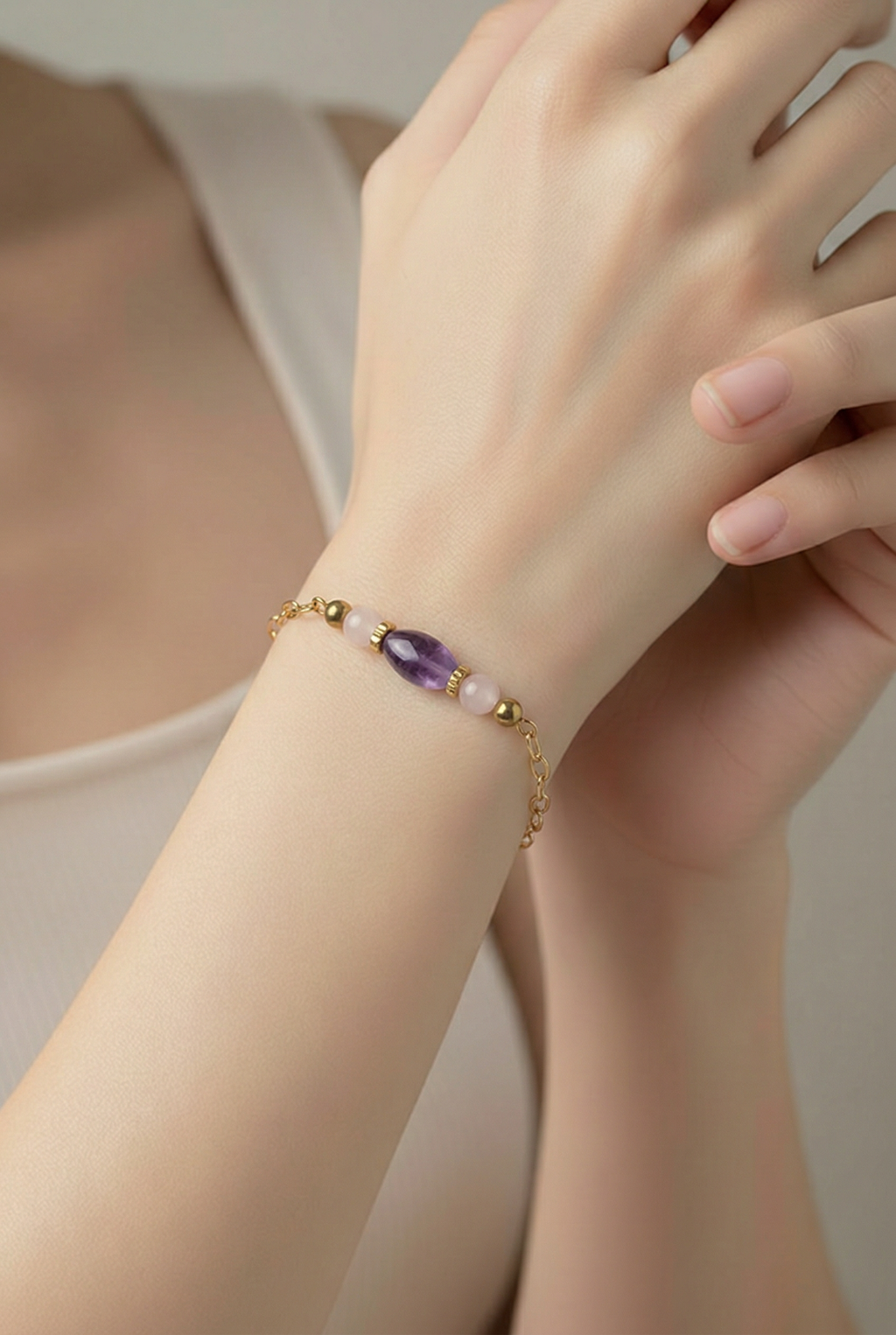 Bracelet améthyste quartz rose porté lithothérapie bijoux bohème femme France