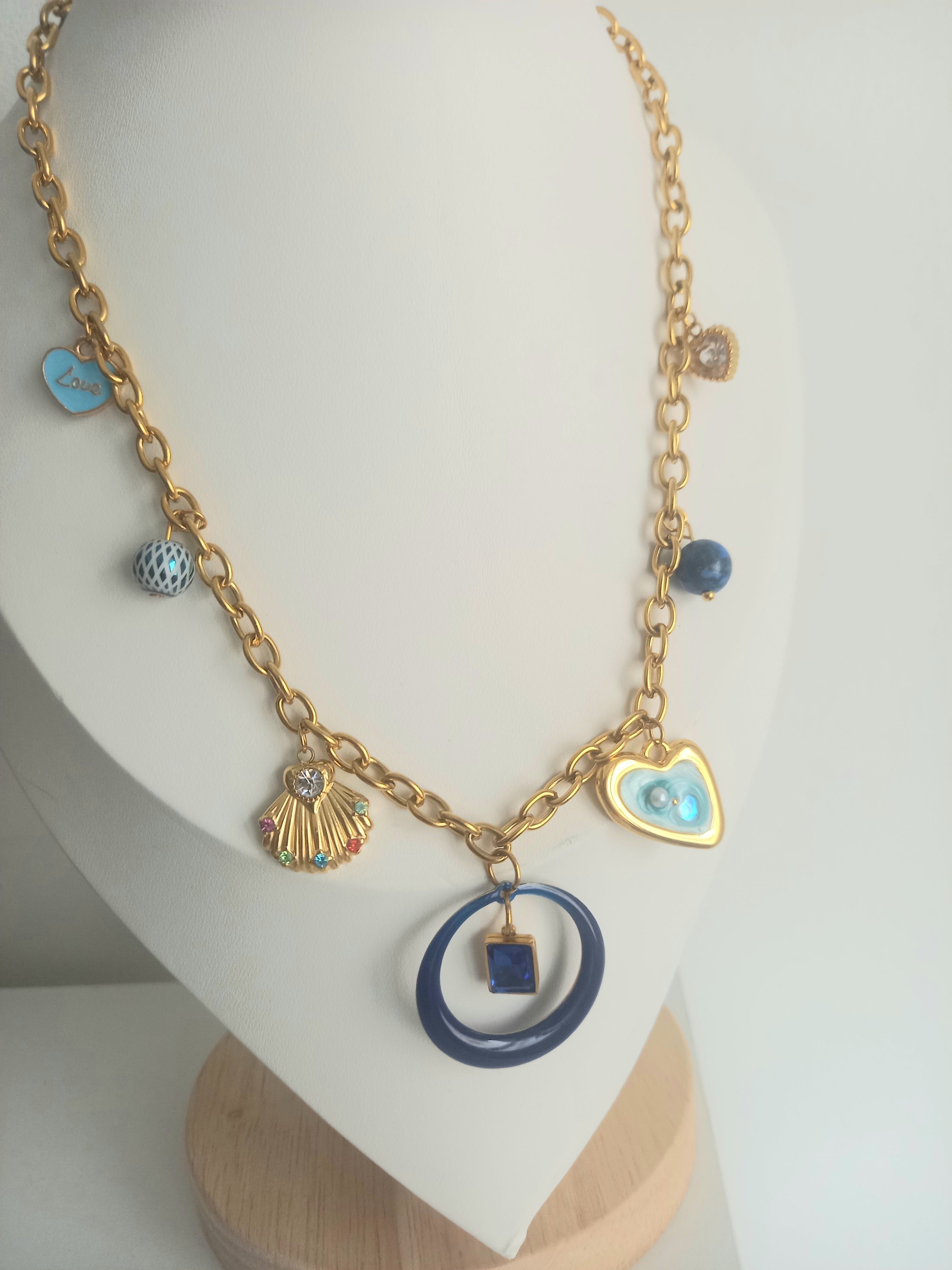 Collier bleu et or - Breloques acier inoxydable verre marbre 40cm
