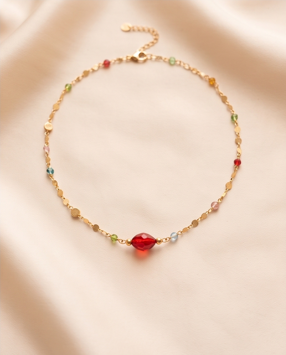 Collier Rainbow — Perles de Verre Multicolores & Cristal, Chaîne Acier Inoxydable Fait Main