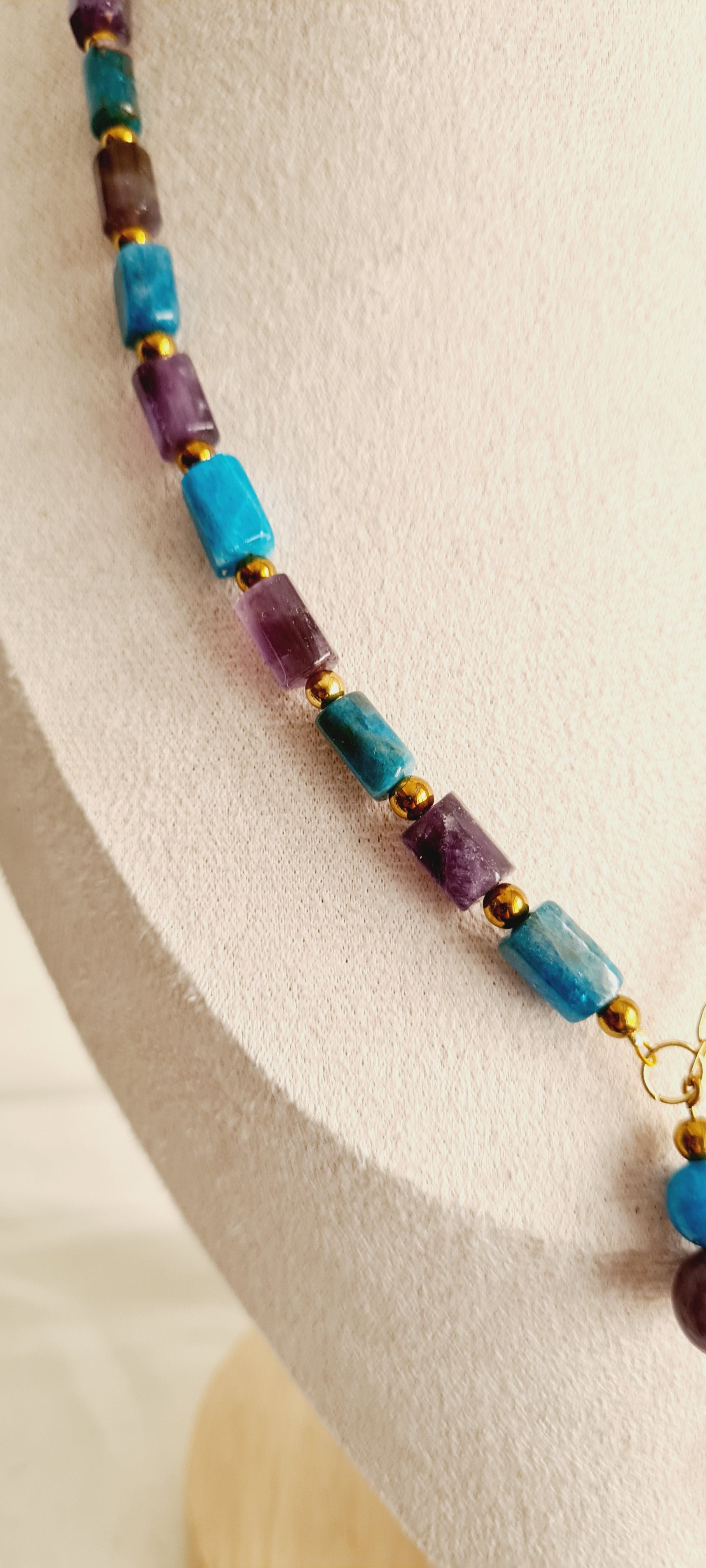 Collier lithotherapie améthyste apatite acier inoxydable lisa