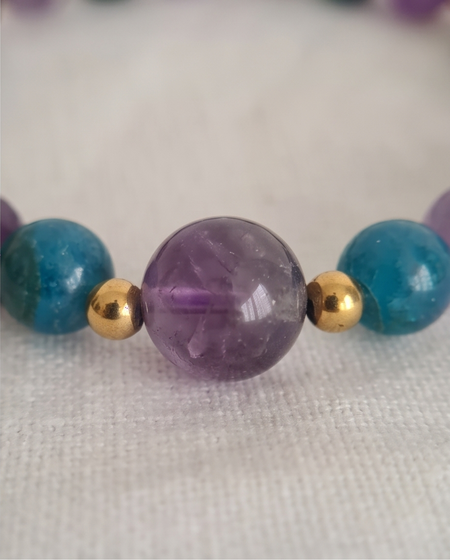 Bracelet Lithothérapie Améthyste & Apatite — Acier Inoxydable | Fait Main France