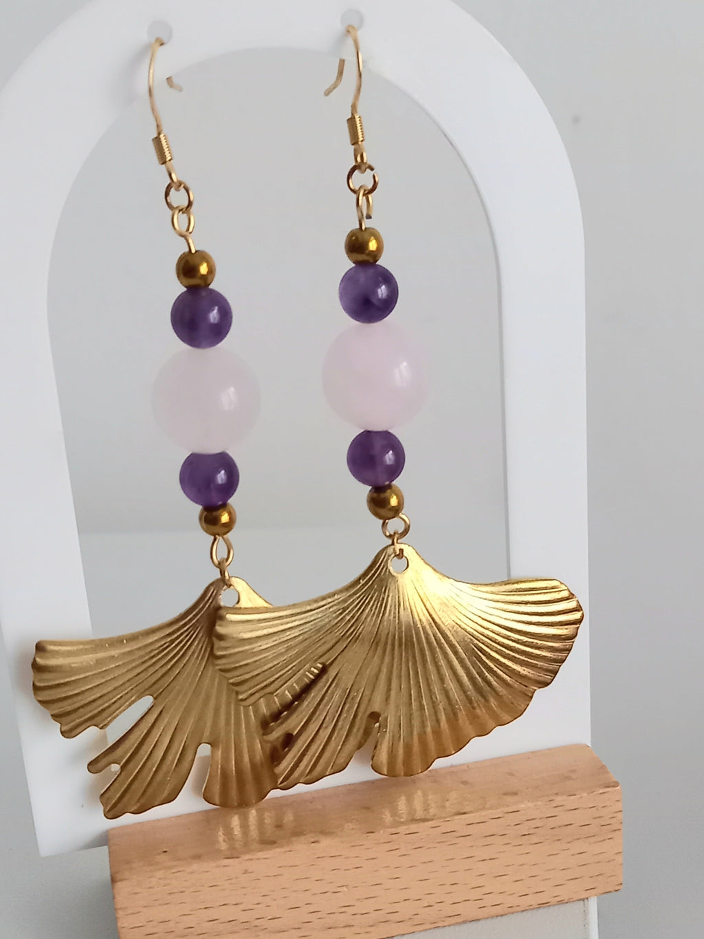 Boucles d'Oreilles Bohème Améthyste Quartz Rose - Feuille Ginkgo Lithothérapie 8cm