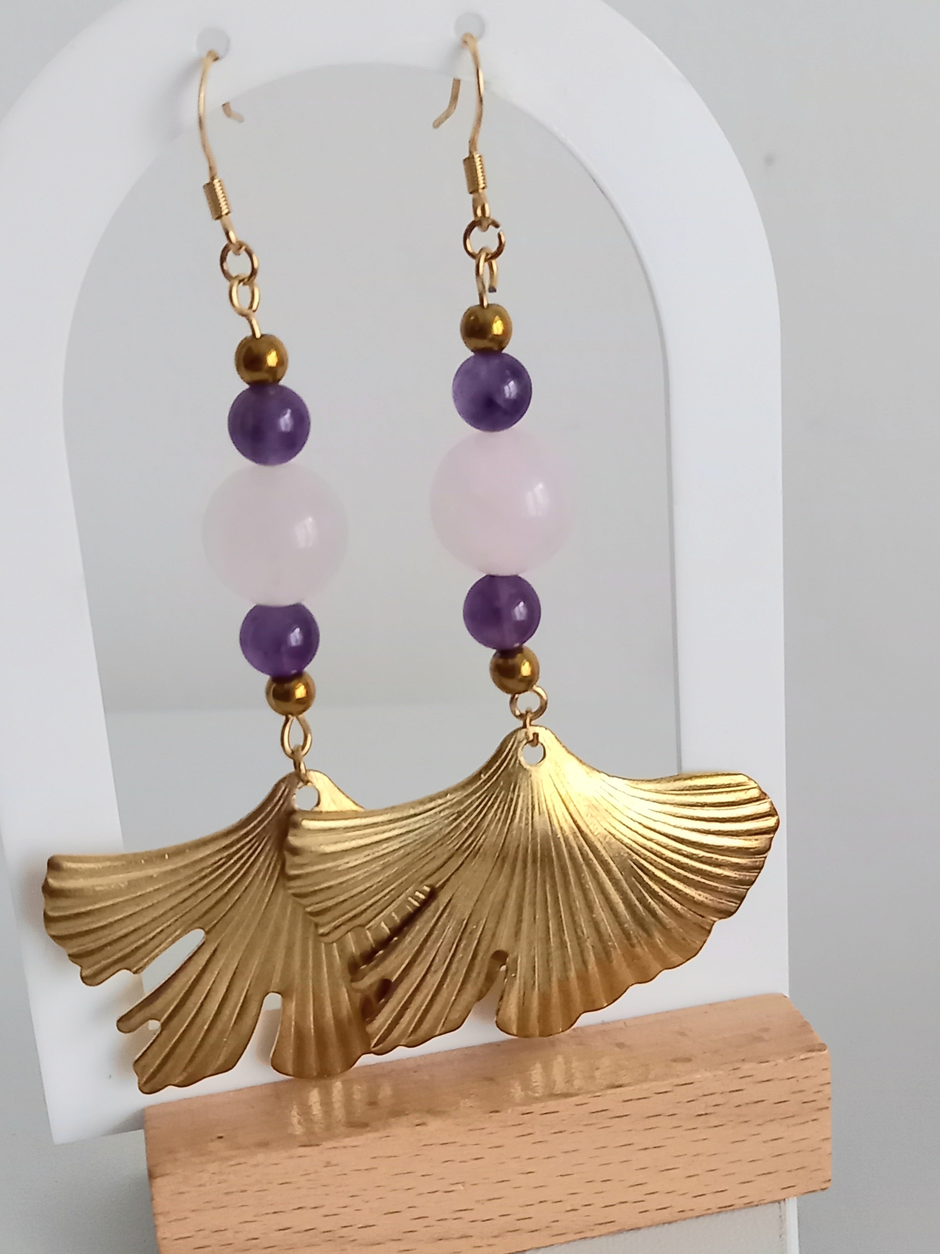 Boucles d'Oreilles Bohème Améthyste Quartz Rose - Feuille Ginkgo Lithothérapie 8cm