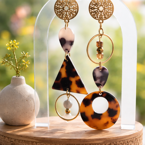 Boucles d'oreilles automne longues acier inoxydable acétate verre 9cm bohème fait main