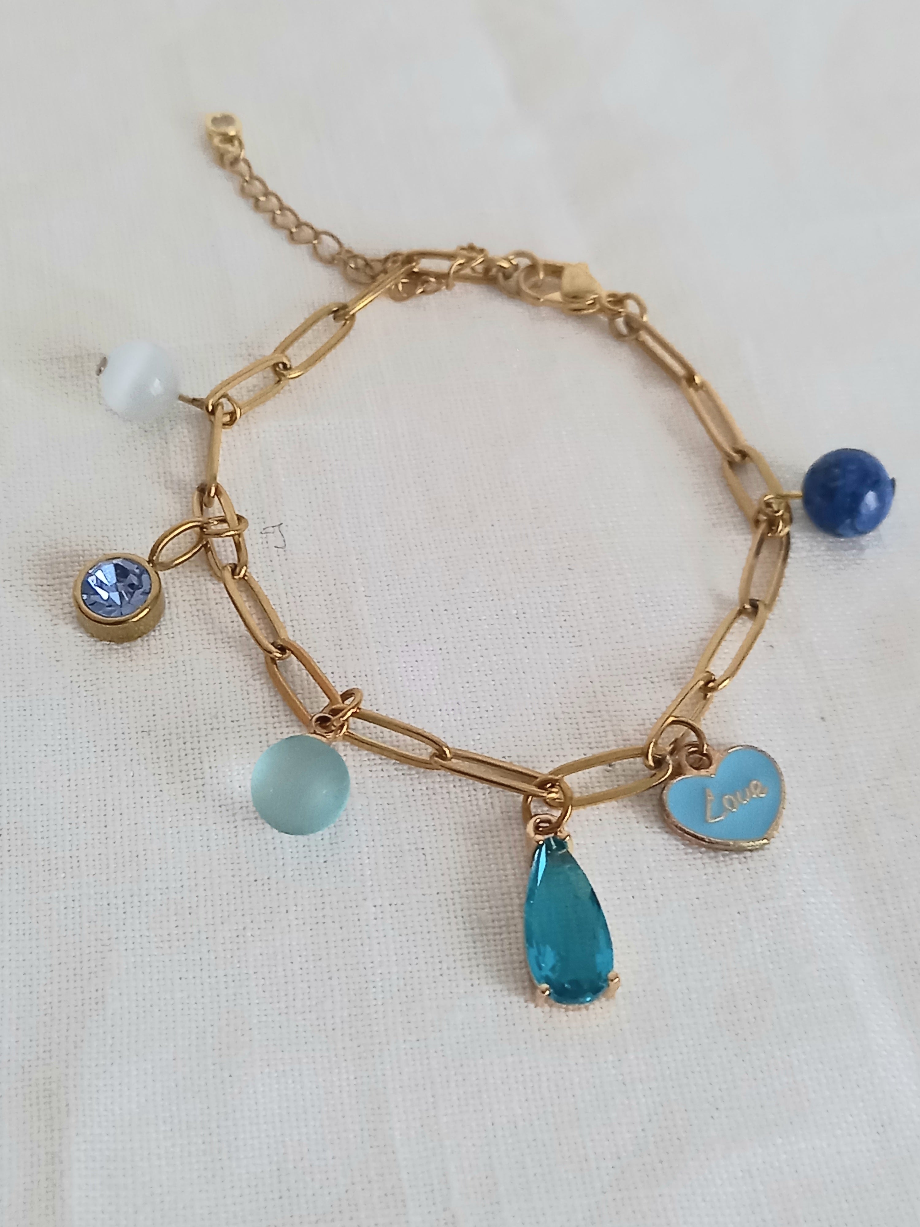 Bracelet bleu breloques - Verre acier inoxydable