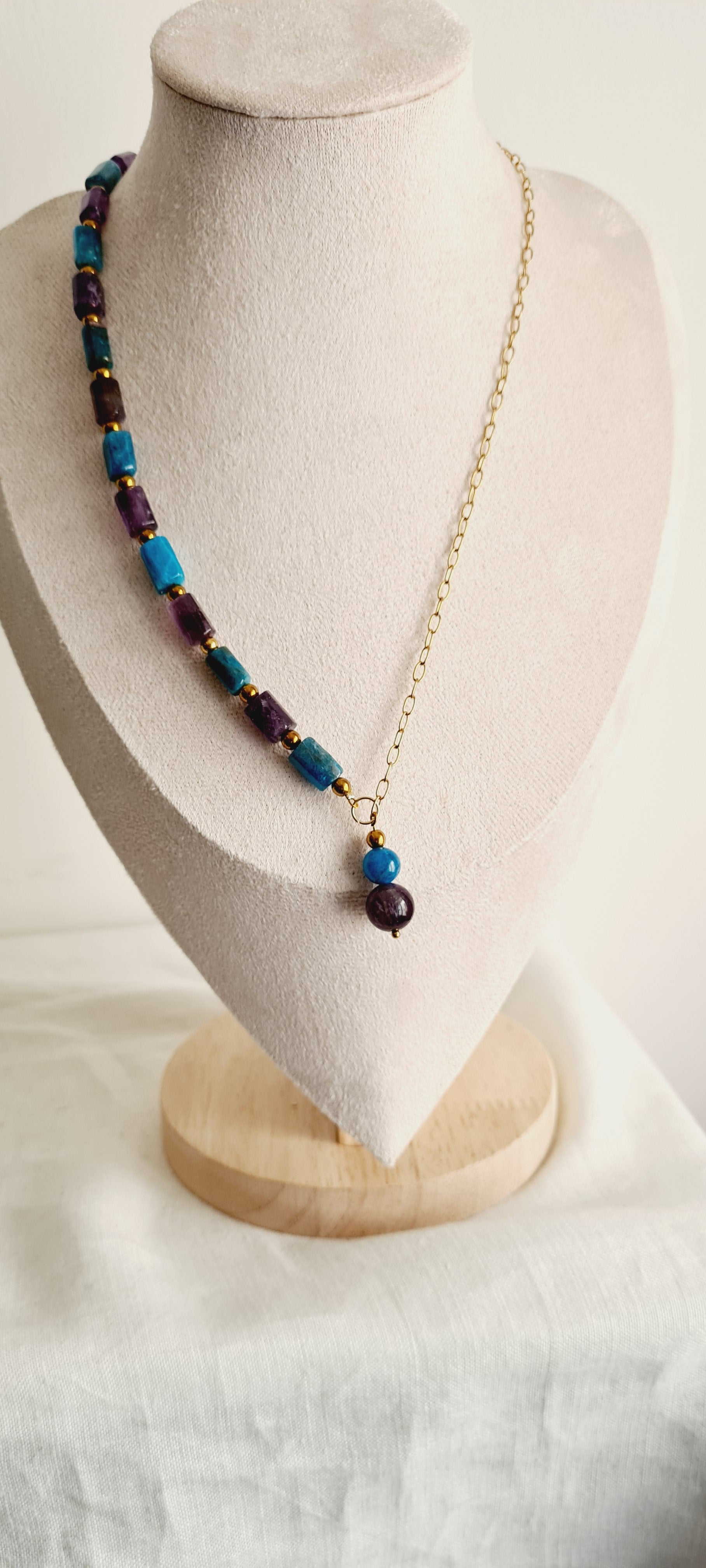 Collier lithotherapie améthyste apatite acier inoxydable lisa