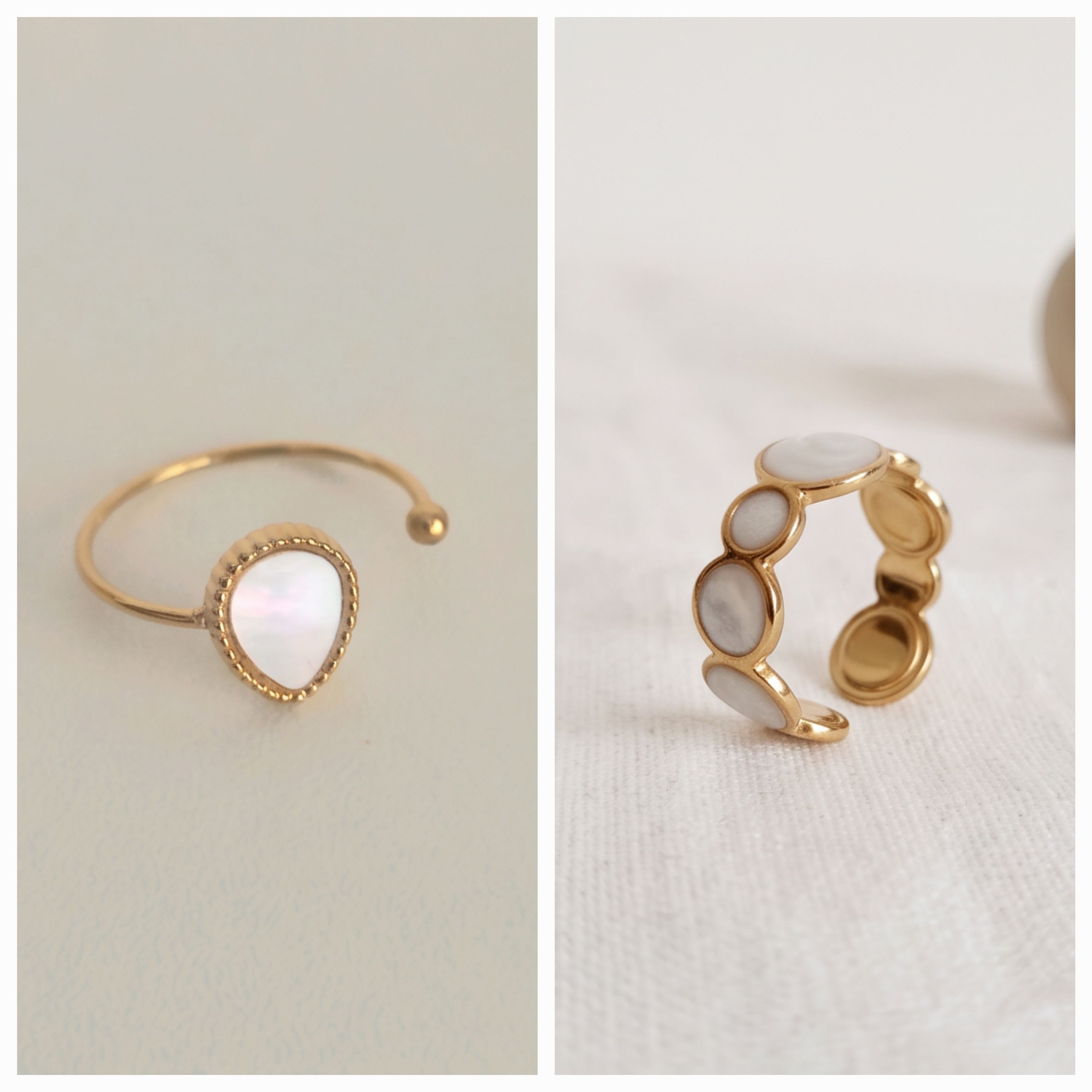 Lot de 2 bagues ajustables – Nacre & Acier Inoxydable | Bijoux Bohème Femme