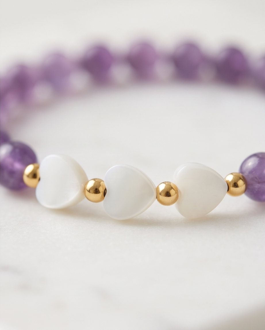 Bracelet lithothérapie améthyste - Cœurs nacre acier inoxydable 15cm