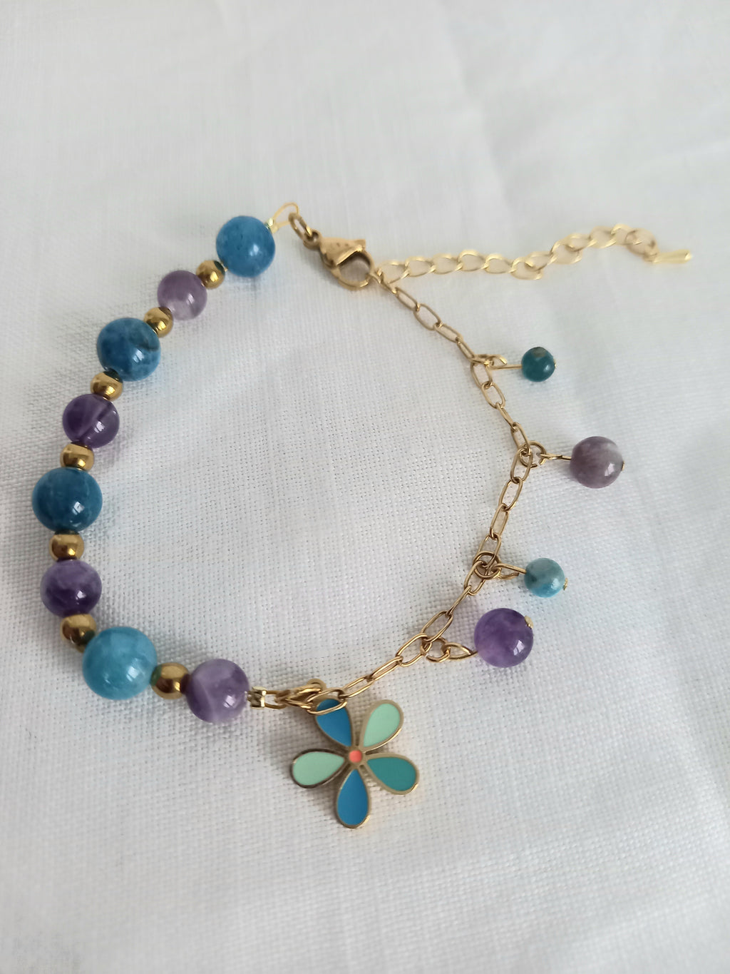 Bracelet améthyste apatite fleur - Pierres naturelles acier inoxydable