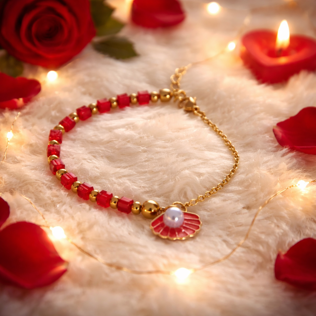 Bracelet en acier inoxydable,perles  verre , rouge passion
