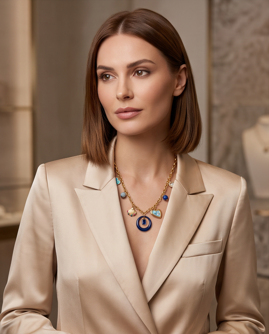 Collier Marina Bleu & Or — Breloques Verre Marbre Lithothérapie Bohème Femme