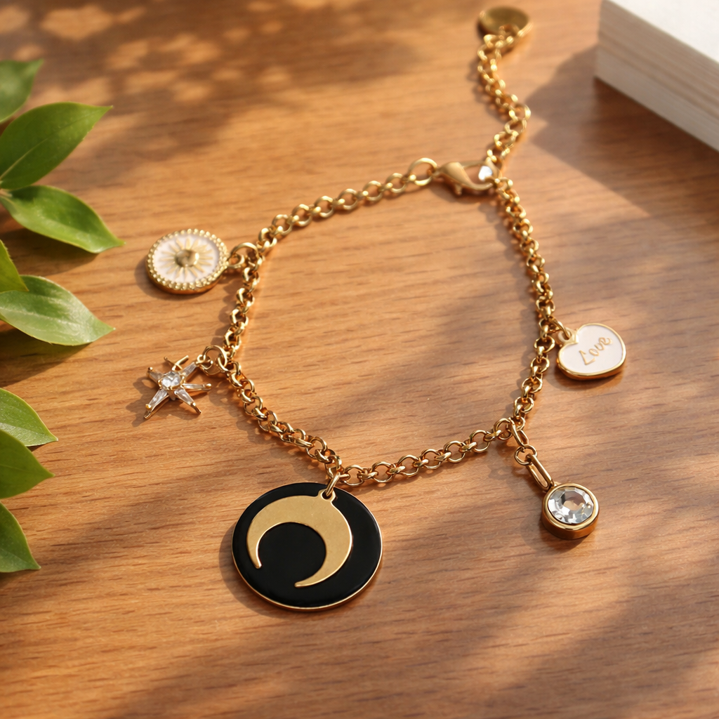 Bracelet Luna breloques - Chaîne acier inoxydable émail 16cm