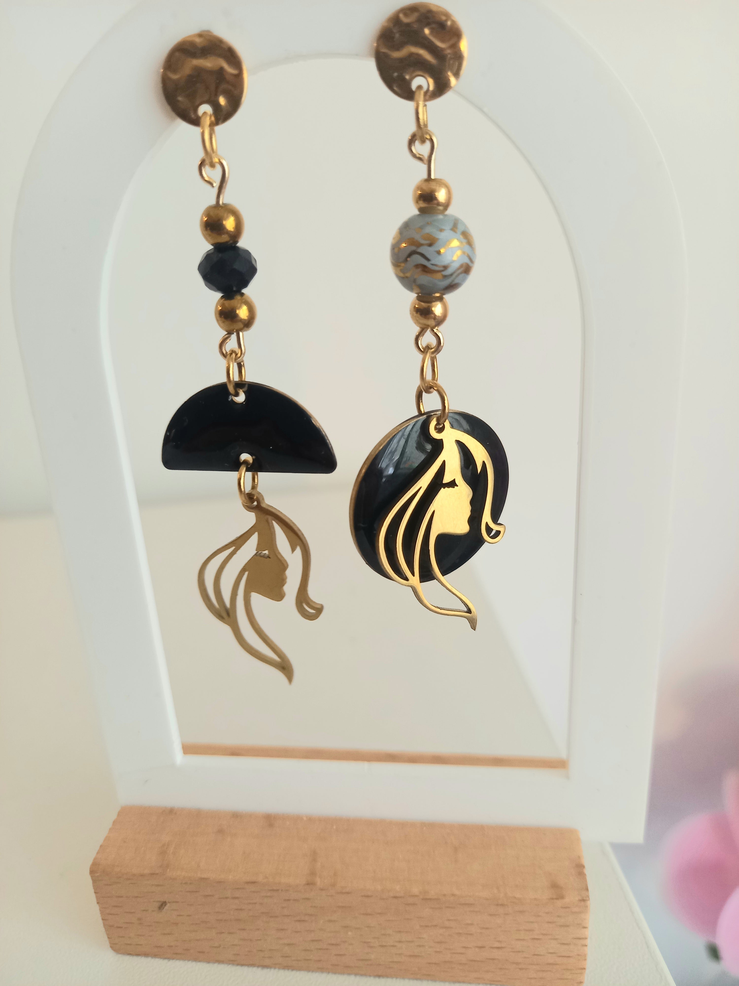 Boucles d'oreilles noir et doré - Breloques acier inoxydable émail