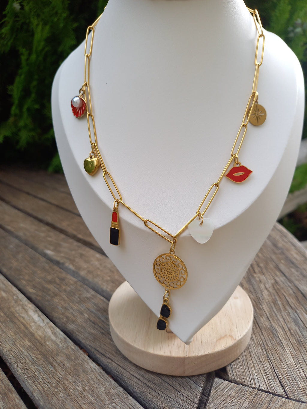 Collier Breloques Acier Inoxydable - Émail Nacre Élégant