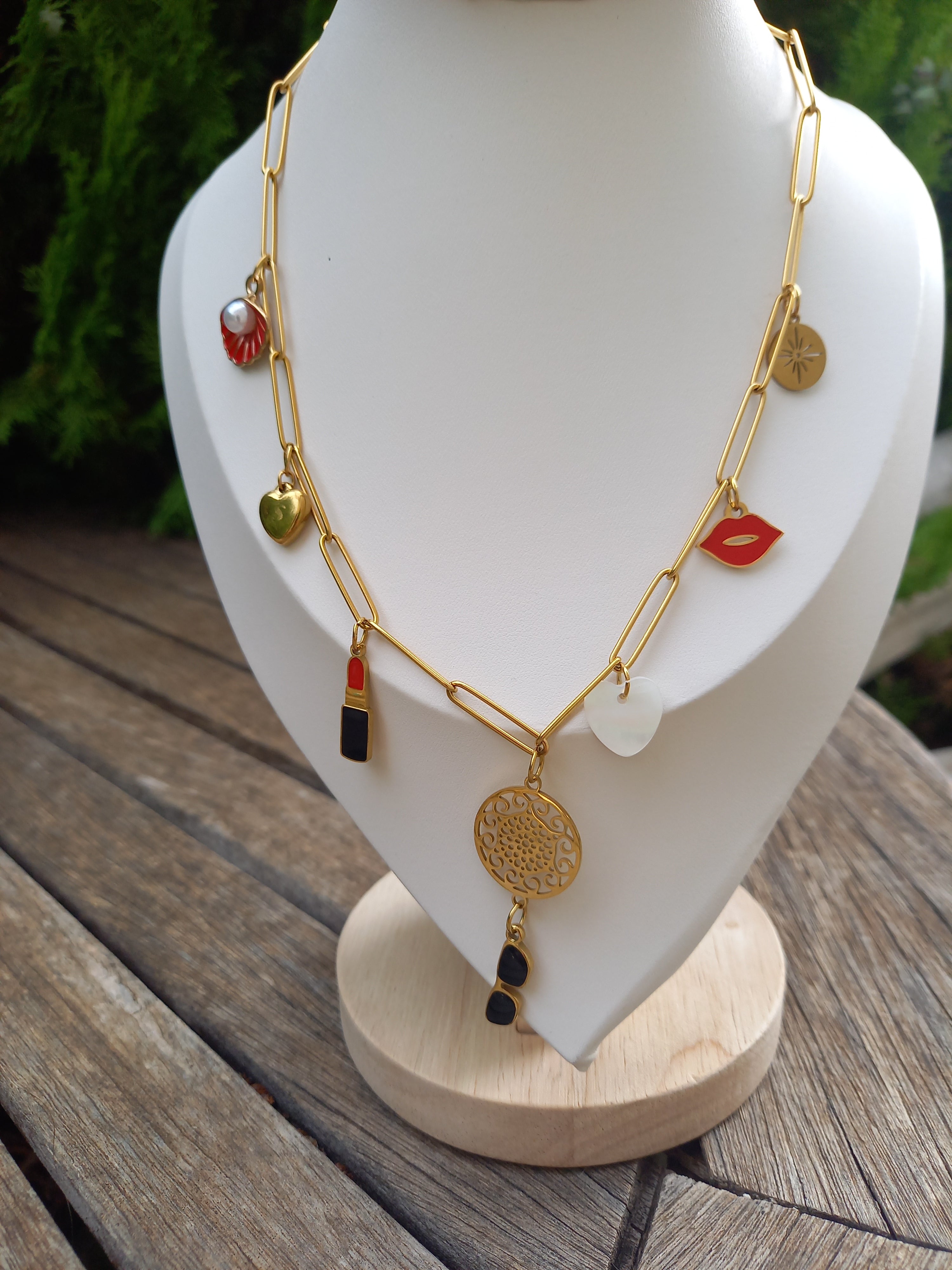 Collier Breloques Acier Inoxydable - Émail Nacre Élégant