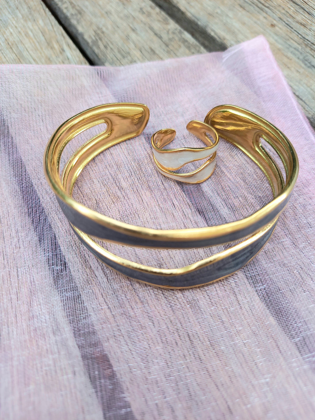 Ensemble bague et bracelet ajustables - Acier inoxydable raffiné