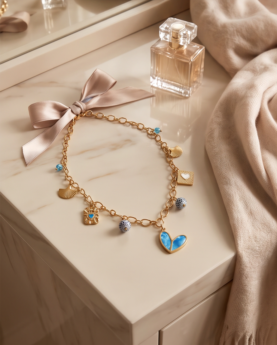 Collier Jana - Breloques Bleu, Verre Émail & Acier Inoxydable 40cm