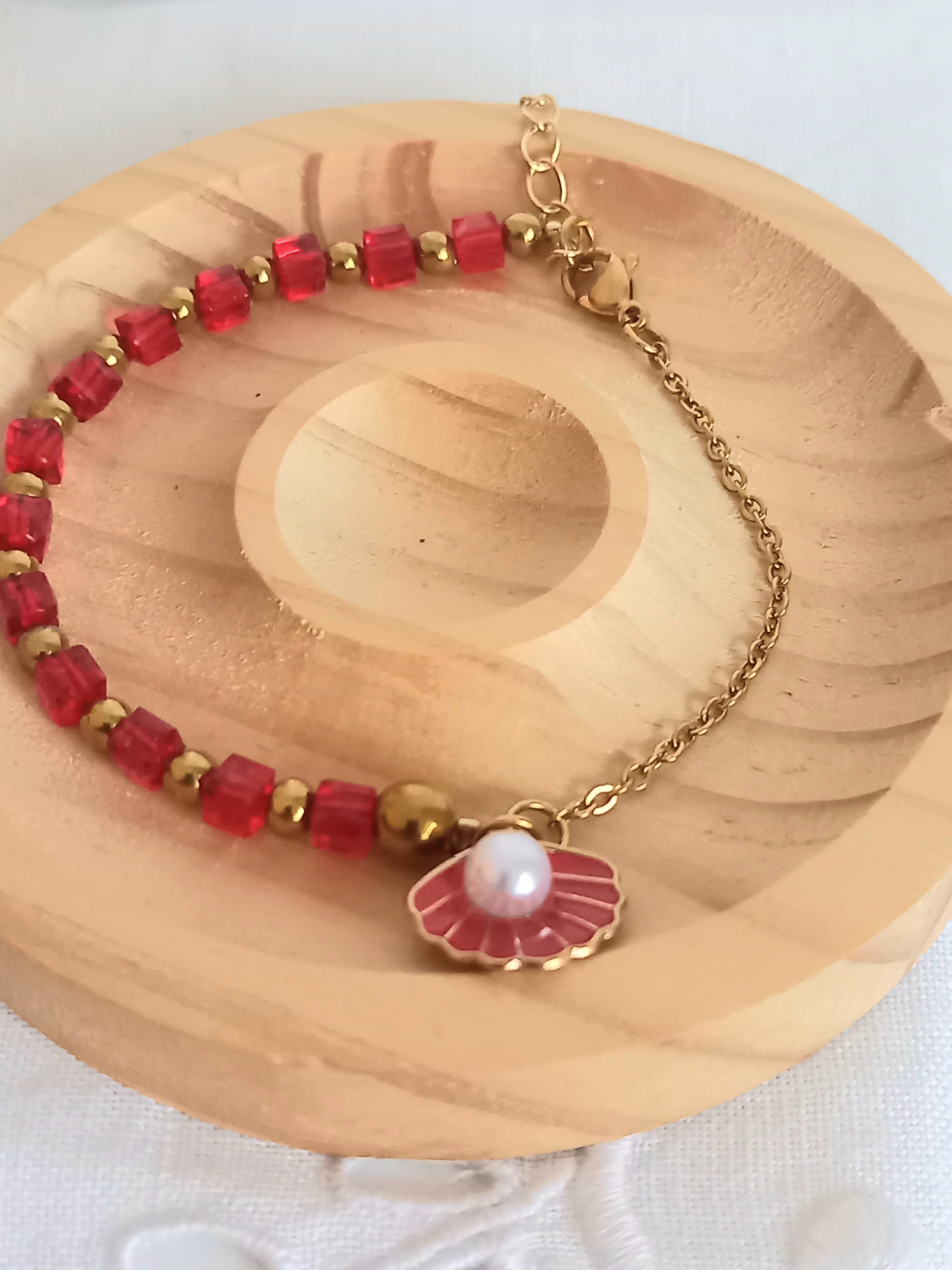 Bracelet en acier inoxydable,perles  verre , rouge passion