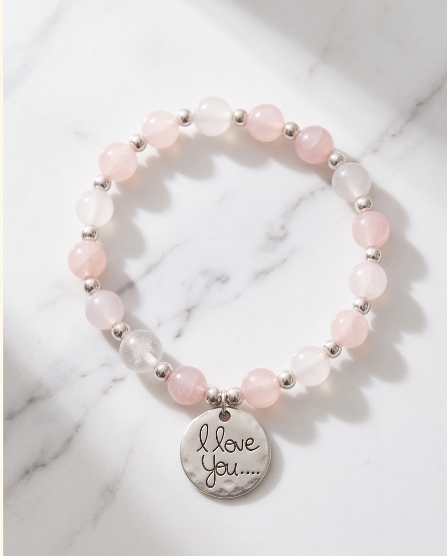 Bracelet lithothérapie Love quartz rose - Élastique acier inoxydable 15cm
