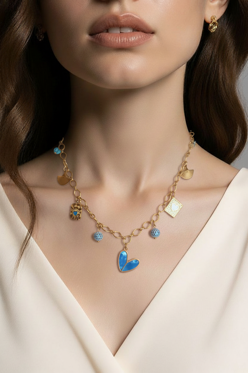 Collier Jana Tendance Bleu - Breloques Verre Émail Acier Inoxydable 40cm