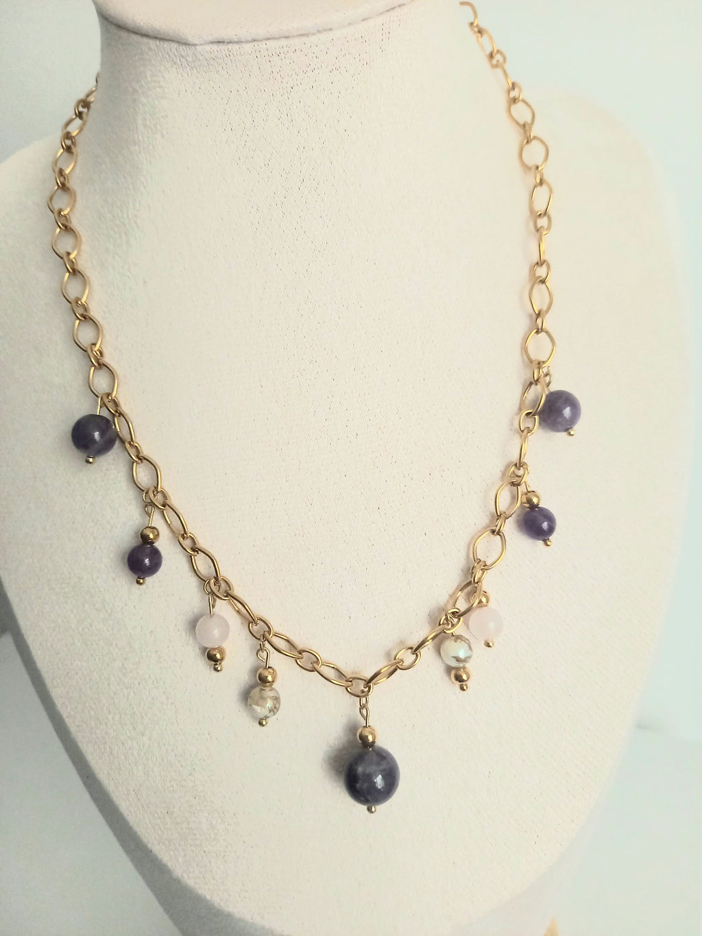 Collier Améthyste & Quartz Rose - Pierres Naturelles Acier Inoxydable  violetta 40cm